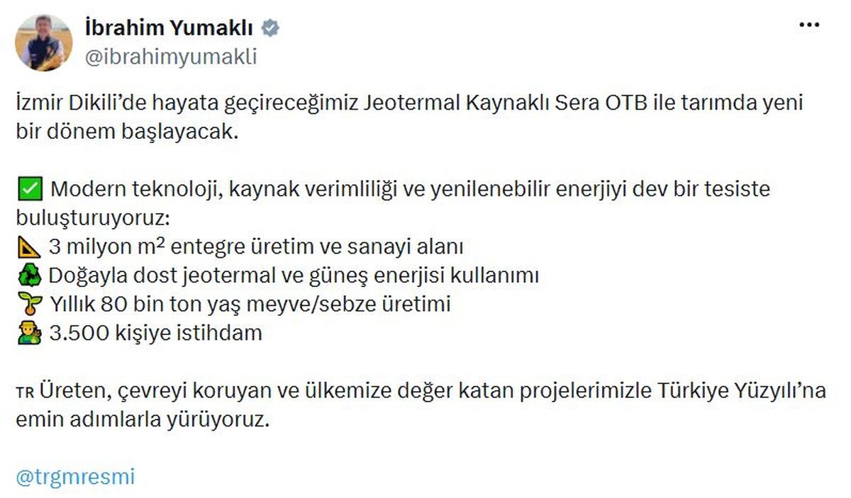 Bakan Yumaklı: Jeotermal Kaynaklı Sera OTB ile tarımda yeni bir dönem başlayacak