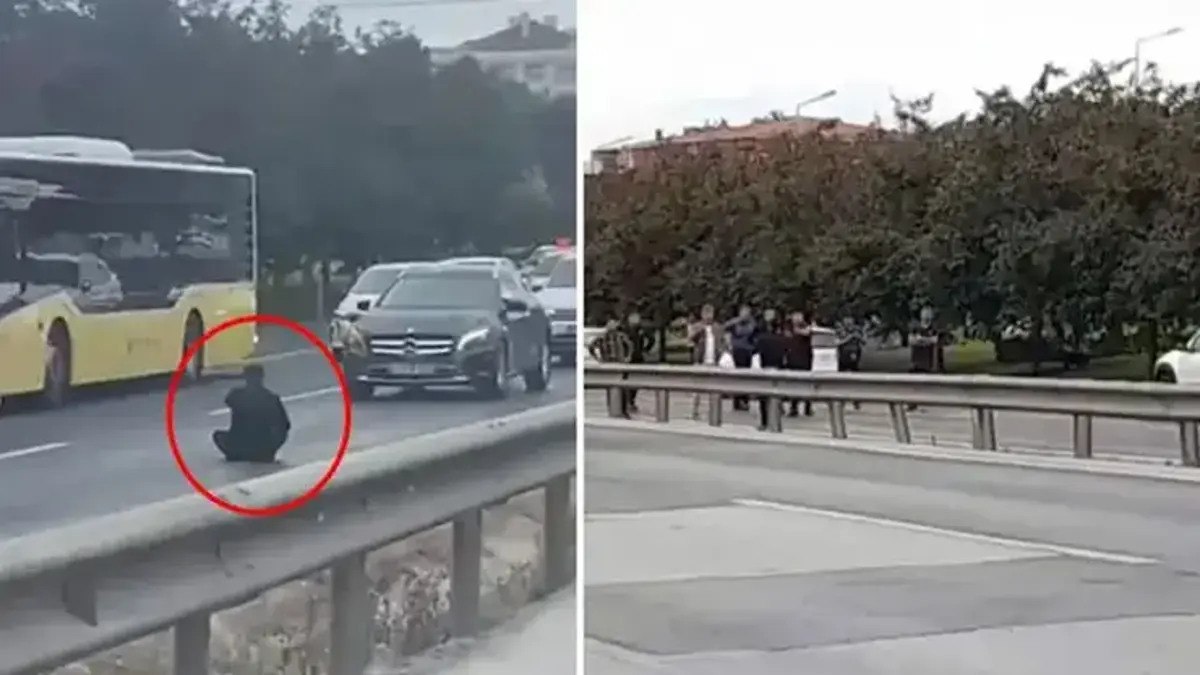 İstanbul D-100 karayolunda hareketli dakikalar! Bıçakla yola oturan şahıs trafiği felç etti