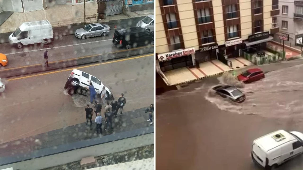 Ankara'da sel felaketi! Yol çöktü, araç çukura düştü