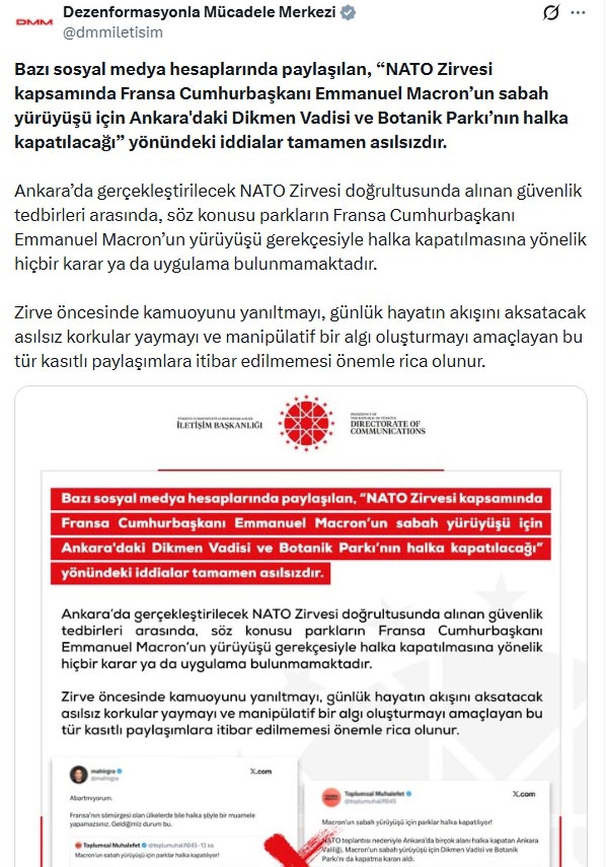DMM: Dikmen Vadisi ve Botanik Parkı'nın Macron için kapatılacağı iddiası asılsız