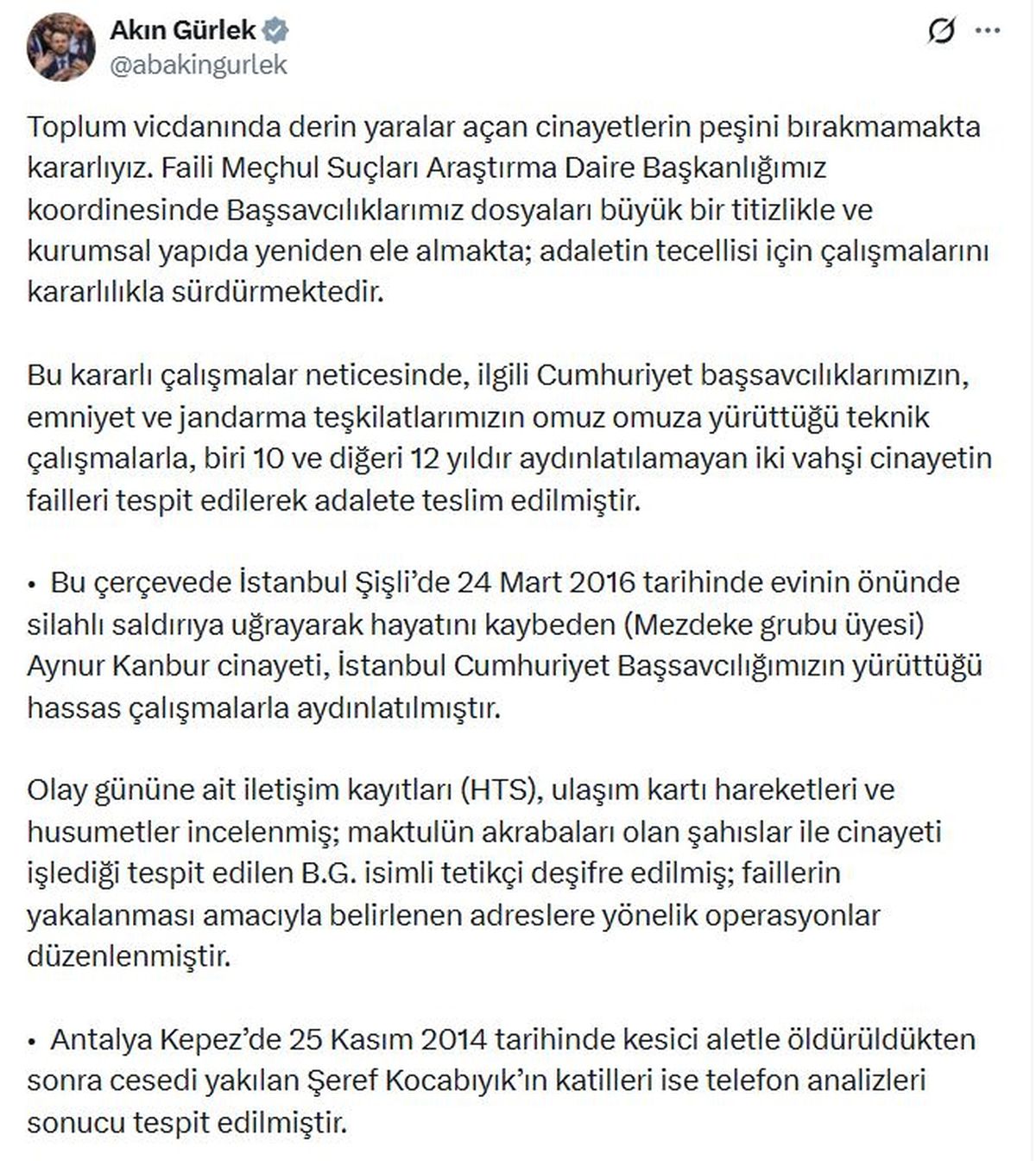 Bakan Gürlek: Aydınlatılamayan 2 cinayetin failleri yakalandı