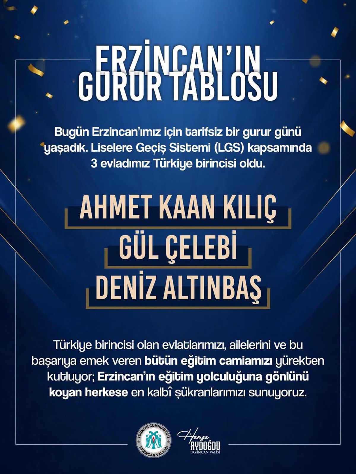 Erzincan'daki 3 birinciyi Vali Aydoğdu açıkladı