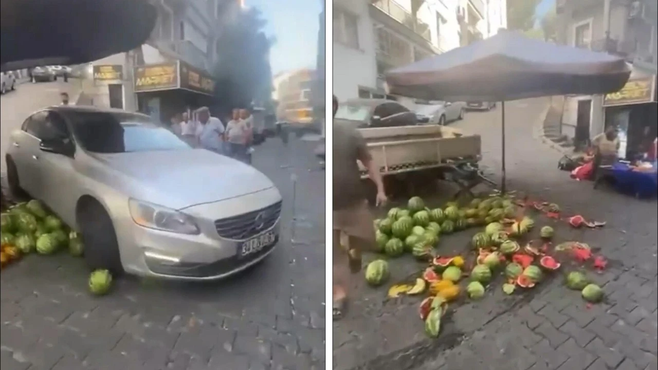 Pazarcıyla tartıştı, otomobiliyle karpuz tezgahını ezdi