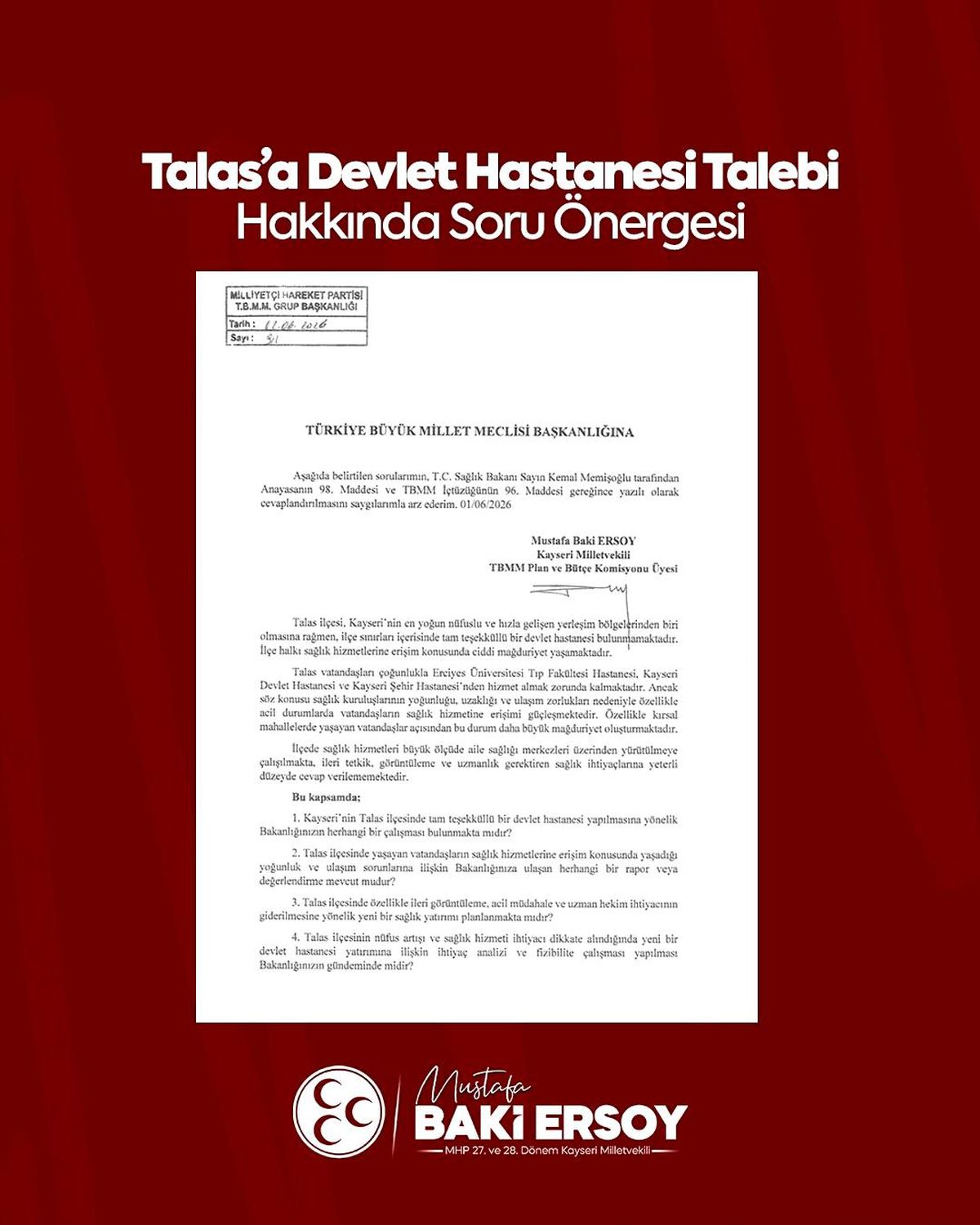 Baki Ersoy, Talas Devlet Hastanesi talebini meclis gündemine taşıdı