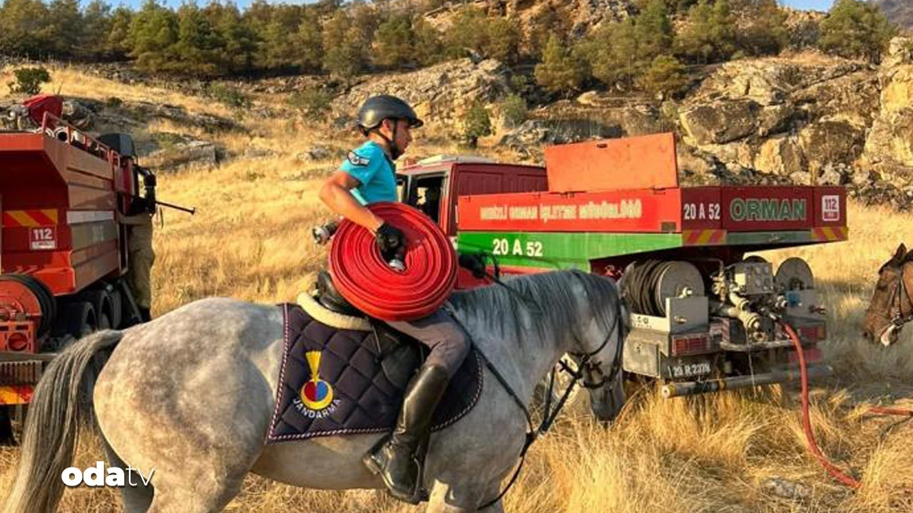 Atlı jandarmalar yangın bölgesine hortum taşıdı