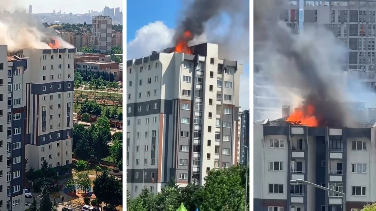Küçükçekmece'de 11 katlı binanın çatısında yangın