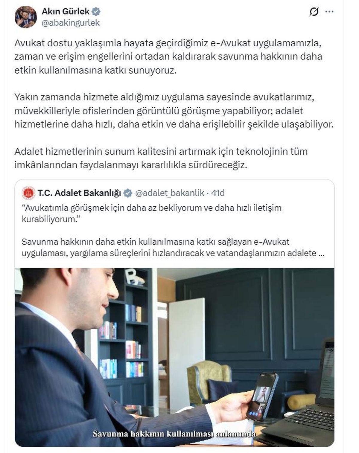 Adalet Bakanı Gürlek: e-Avukat uygulaması savunma hakkının daha etkin kullanılmasına katkı sunuyor
