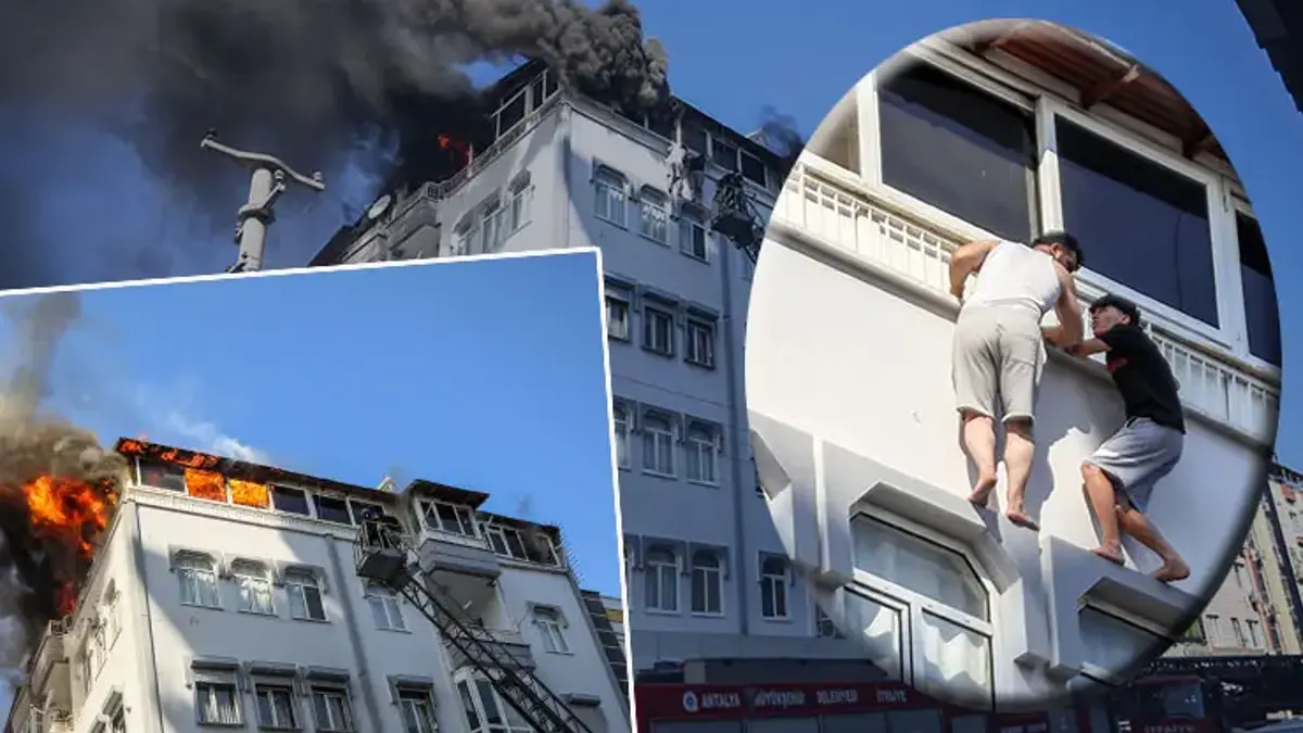 Ölümle burun buruna! Alevlerden kaçtılar, korkuluktan sarkarak kurtuldular