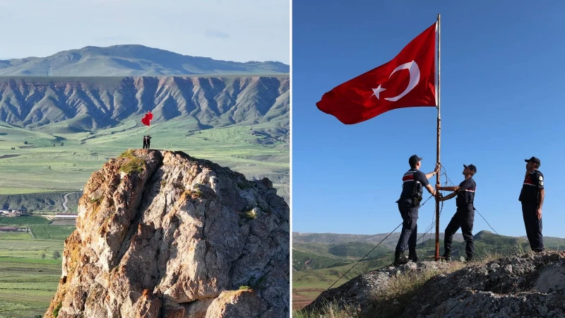 Sivas'ta yıpranan Türk bayrağı 2 saatlik tırmanışın ardından değiştirildi