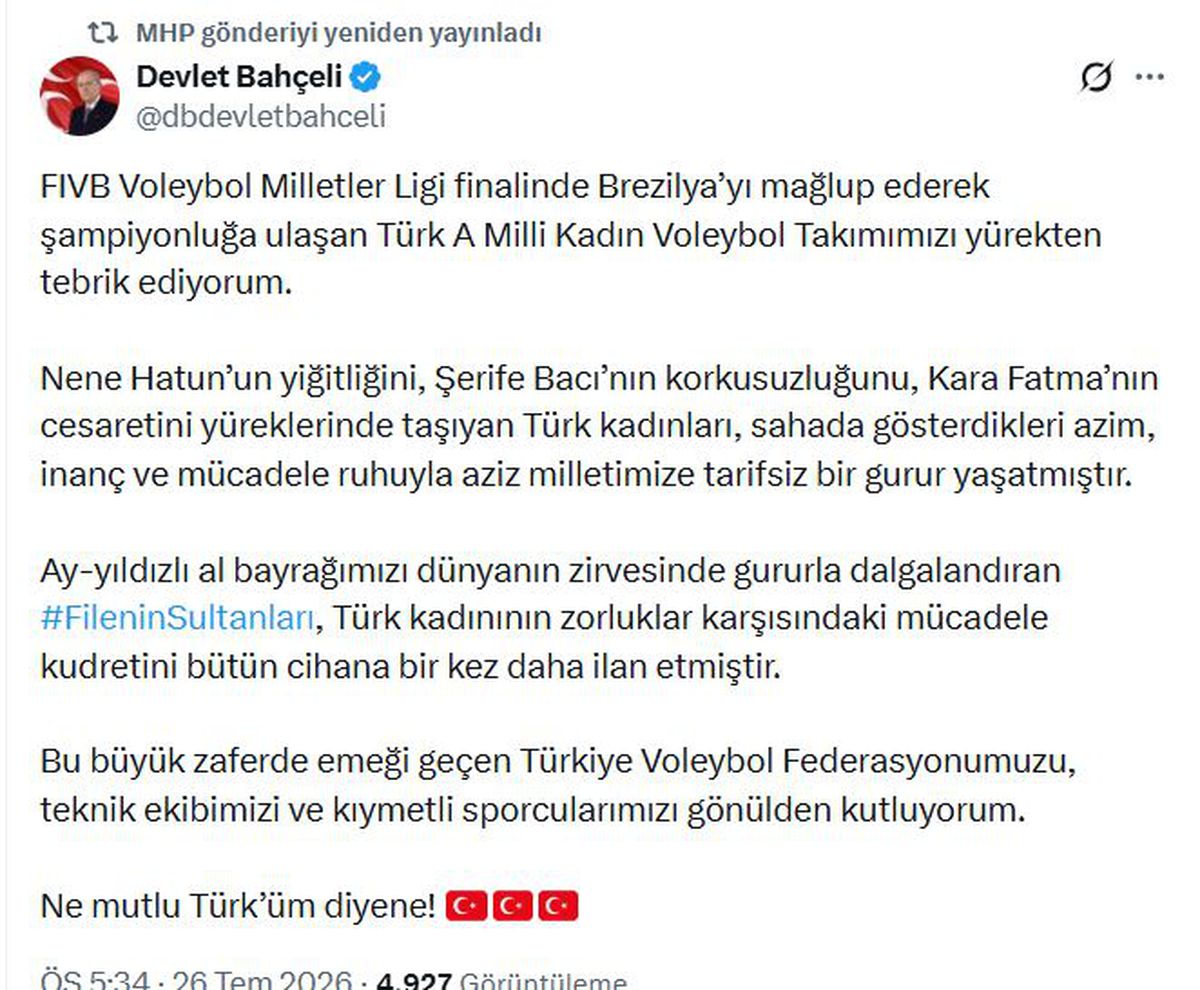 Bahçeli'den Filenin Sultanları'na tebrik