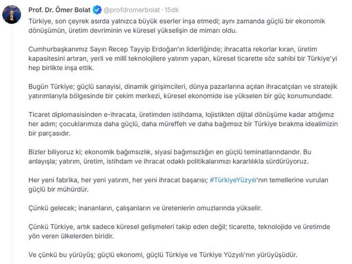 Bakan Bolat: Ekonomik bağımsızlık, siyasi bağımsızlığın en güçlü teminatlarındandır