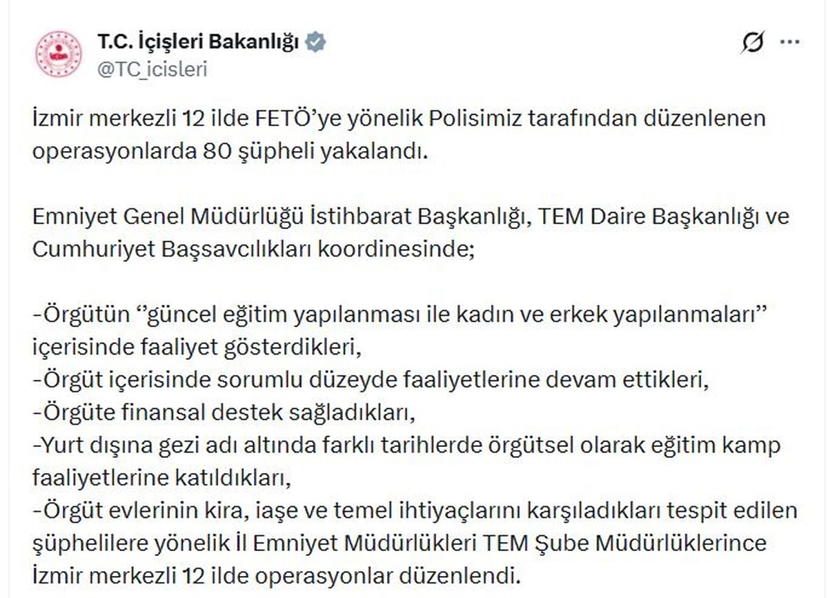 İzmir merkezli 12 ilde FETÖ operasyonu: 80 şüpheli yakalandı