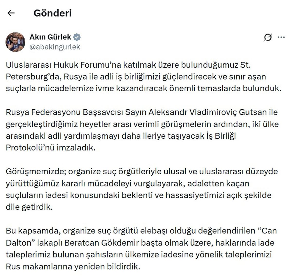 Bakan Gürlek: İade taleplerimizi Rus makamlarına bildirdik