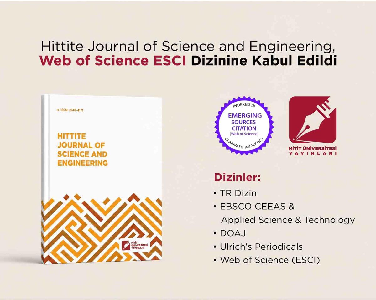 Hittite Journal of Science and Engineering, Web of Science ESCI dizinine kabul edildi