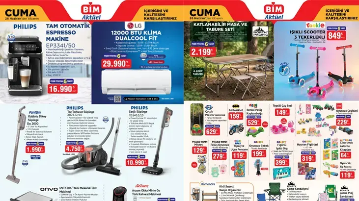 26 HAZİRAN BİM YENİ AKTÜEL KATALOG | BİM 26 Haziran Cuma aktüel kataloğunda hangi ürünler satışa sunulacak? Klima, Tam Otomatik Espresso Makinesi, Aşure Tenceresi, Karnıyarık Tencere, Şarjlı Dik Süpürge...