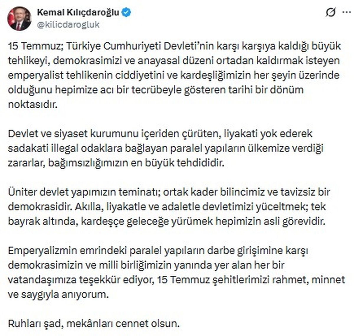Kılıçdaroğlu'ndan '15 Temmuz' mesajı
