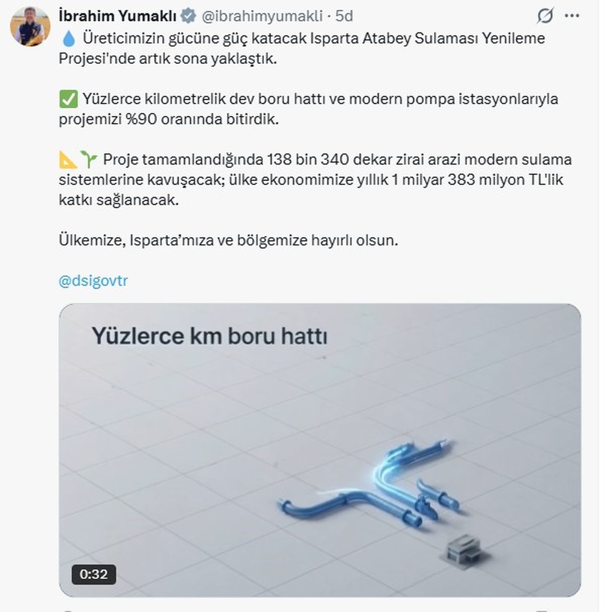 Isparta Atabey Sulaması Yenileme Projesi'nde sona yaklaşıldı