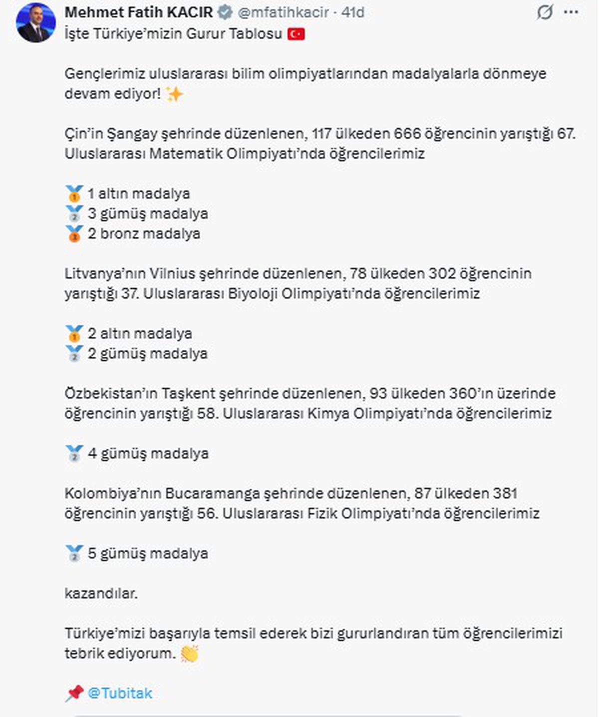 Bakan Kacır'dan uluslararası bilim olimpiyatlarında madalya kazanan öğrencilere tebrik