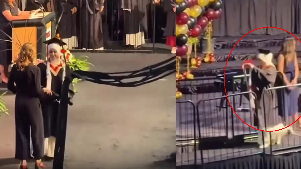 Mezuniyet töreninde skandal görüntüler! Filistin kefiyesi zorlarına gitti