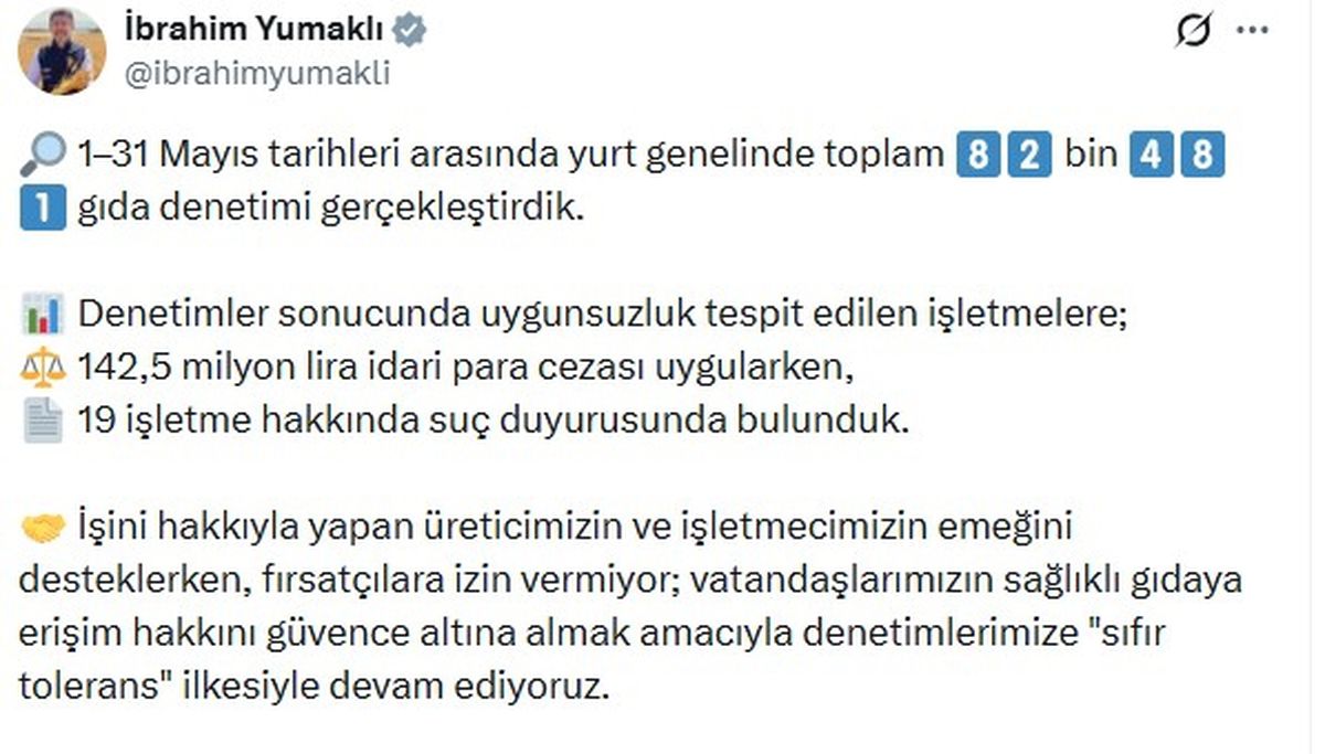 Bakan Yumaklı: Mayısta 82 bin 481 gıda denetimi gerçekleştirdik