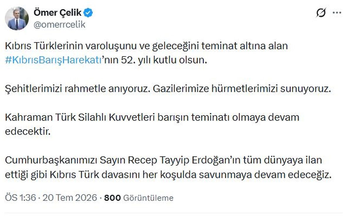 AK Parti Sözcüsü Çelik'ten Kıbrıs Barış Harekatı mesajı
