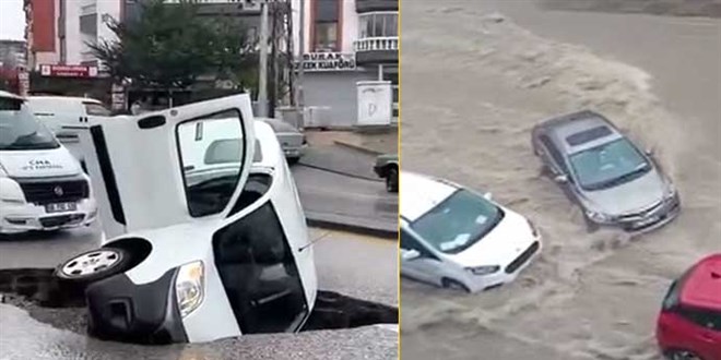 Ankara'da sağanak sele neden oldu, çöken yola araç düştü
