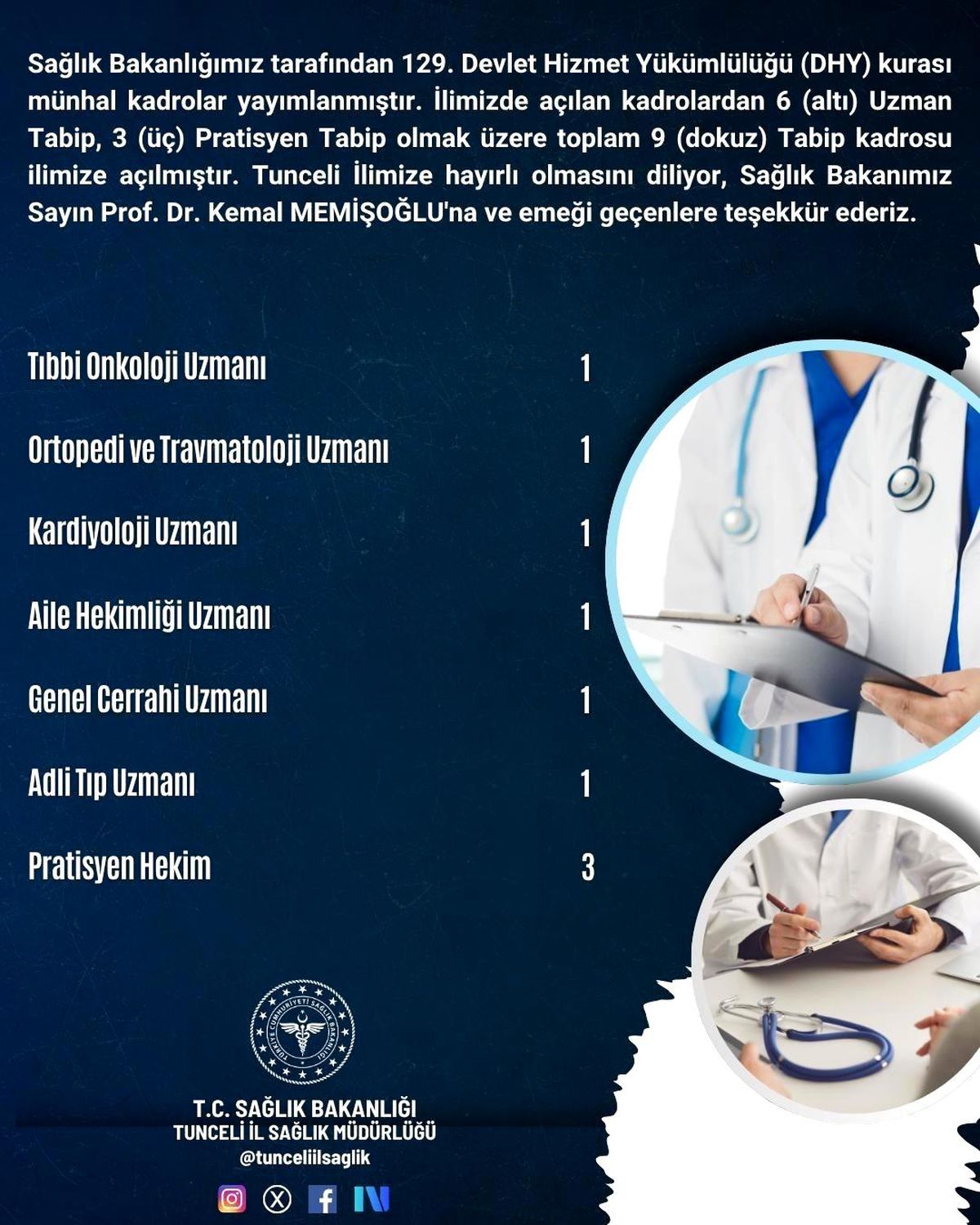 Tunceli'ye 9 hekim kadrosu tahsis edildi