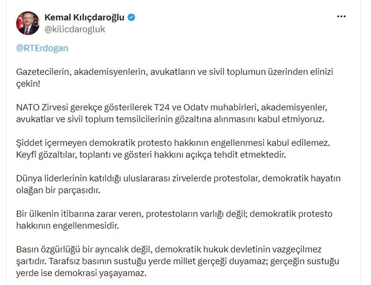 Kılıçdaroğlu: Demokratik protesto hakkının engellenmesi kabul edilemez