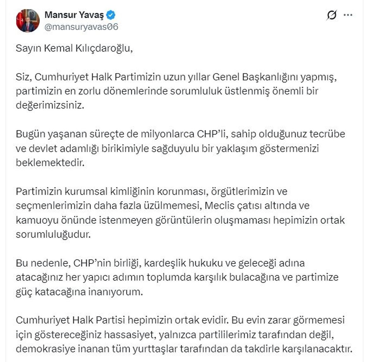 Mansur Yavaş'tan Kılıçdaroğlu'na çağrı: Milyonlarca CHP'li, sağduyulu bir yaklaşım göstermenizi beklemekte