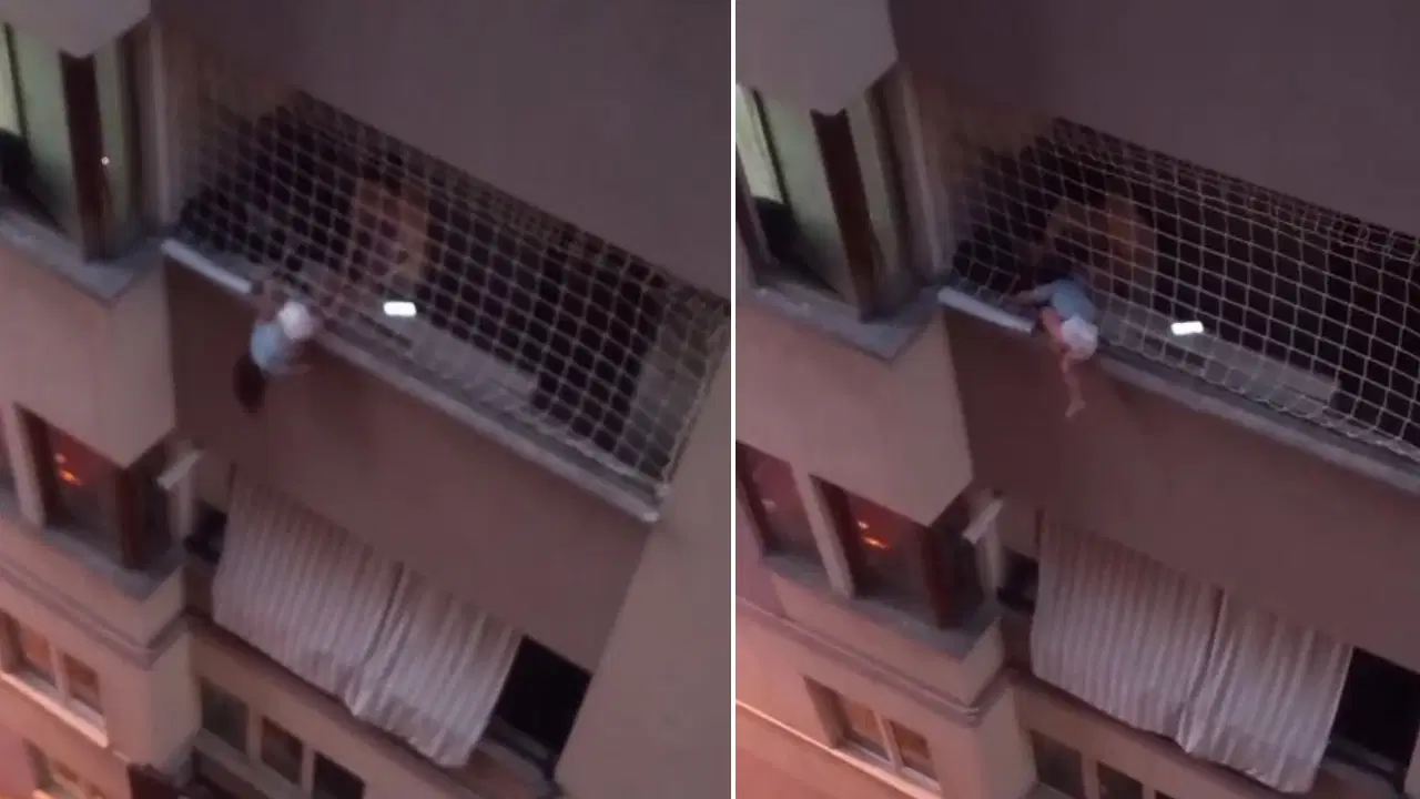 Korku dolu anlar... Balkon filesinde asılı kalan çocuğunu düşmesin diye dakikalarca tuttu