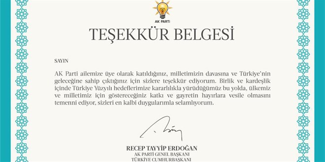 AK Parti'den 11,5 milyon üyesine Erdoğan imzalı teşekkür belgesi