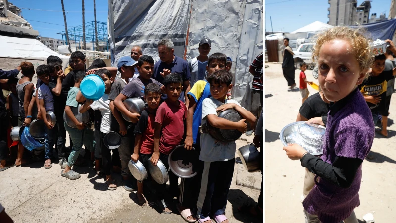Gazze'de yerinden edilen Filistinlilere yemek dağıtıldı
