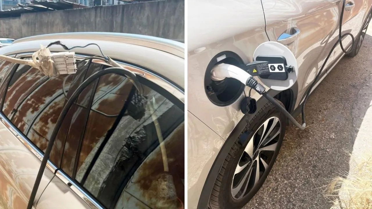 Düzeneğe ekipler de şaşırdı! Araç şarj etmek için kullanılan yöntem 'pes' dedirtti