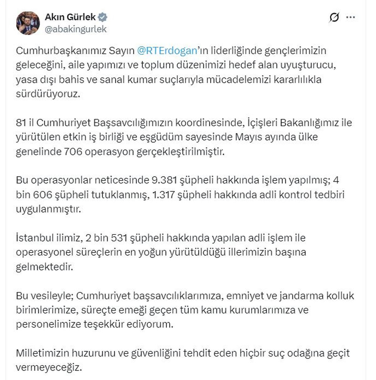 Bakan Gürlek: Mayısta 706 operasyon gerçekleştirildi, 4 bin 606 şüpheli tutuklandı