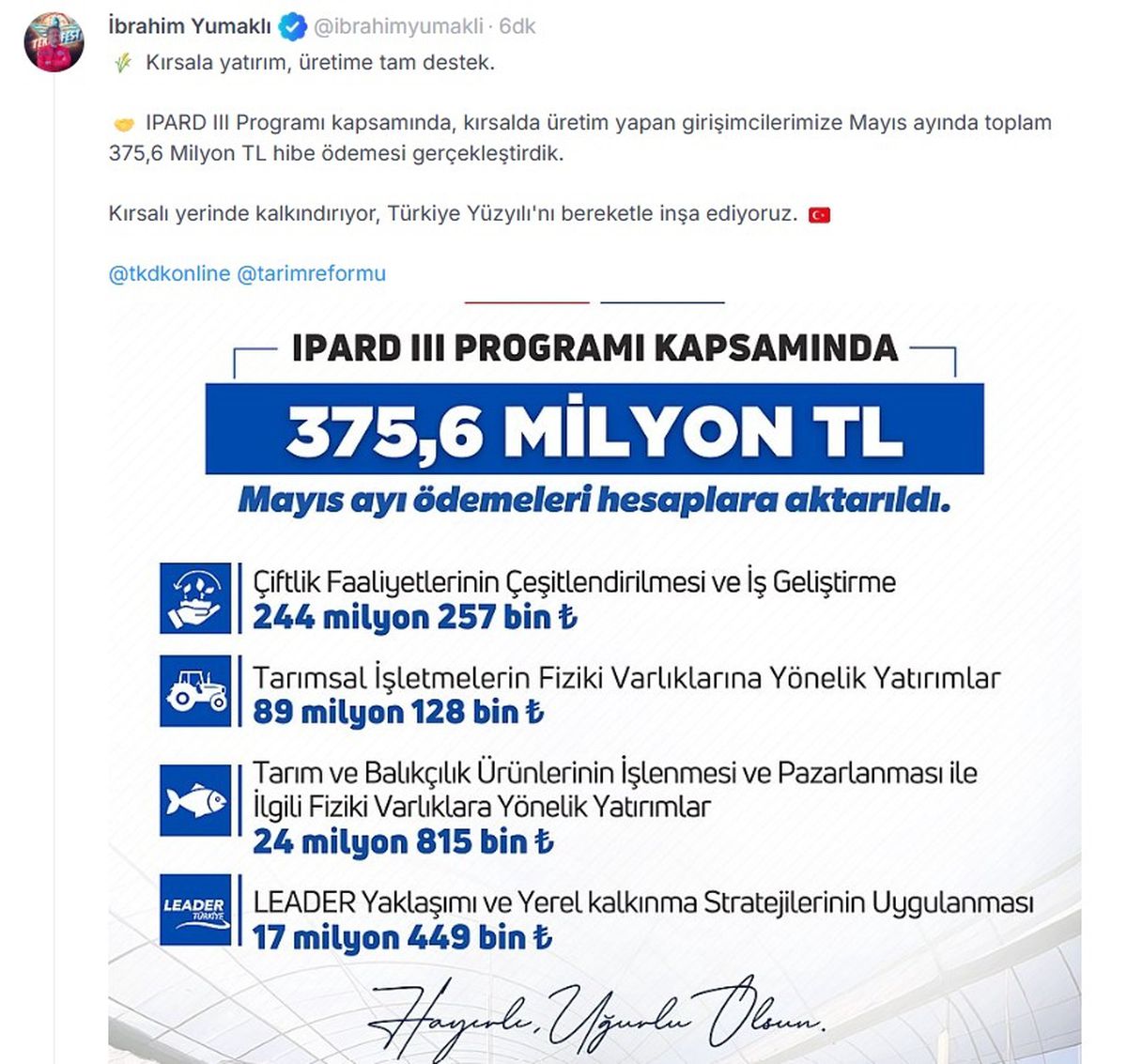 Bakan Yumaklı: IPARD 3 kapsamında 375,6 milyon TL hibe ödemesi gerçekleştirdik