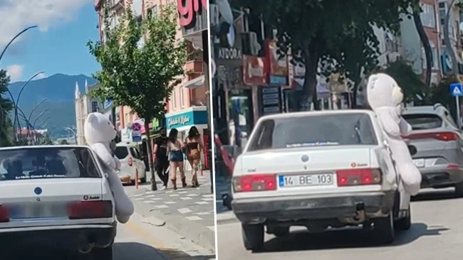 Pelüş ayı ile kentte turladı: Hem ceza yedi hem de otomobil otoparka çekildi