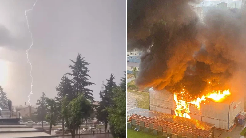 Kastamonu'da yıldırımın jimnastik salonuna düştüğü an görüntülendi
