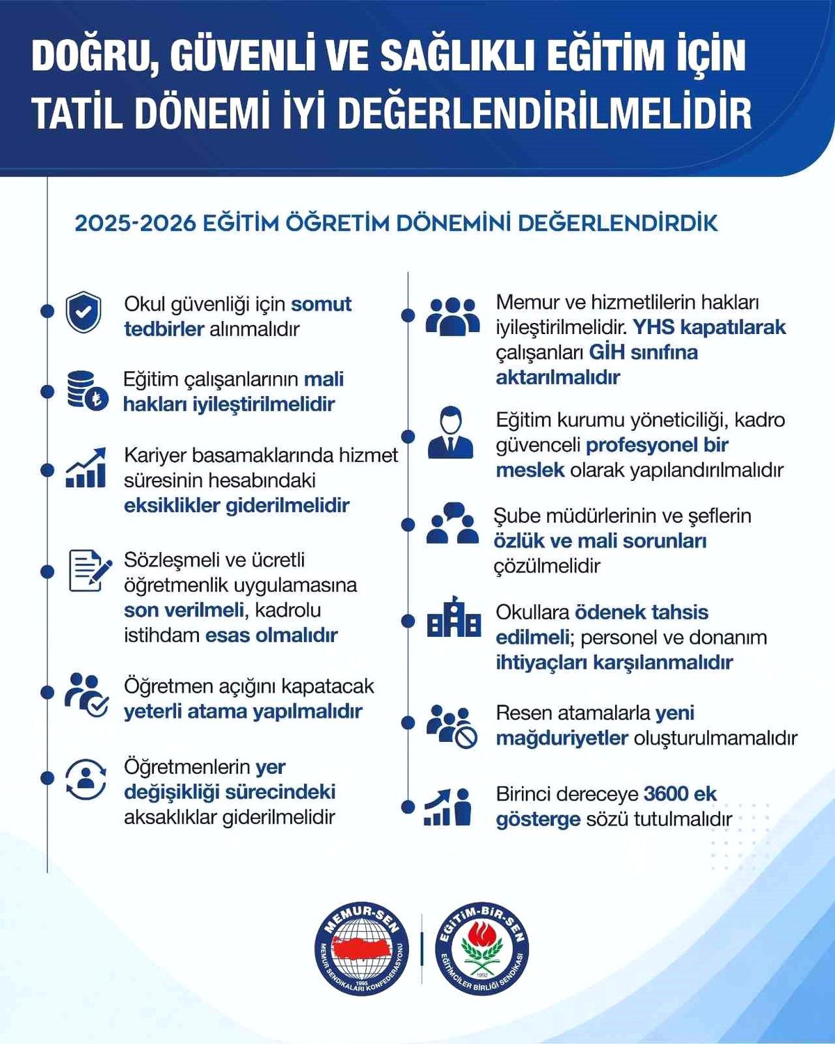 Eğitim Bir-Sen: "Güvenli ve sağlıklı eğitim için tatil dönemi iyi değerlendirilmeli"