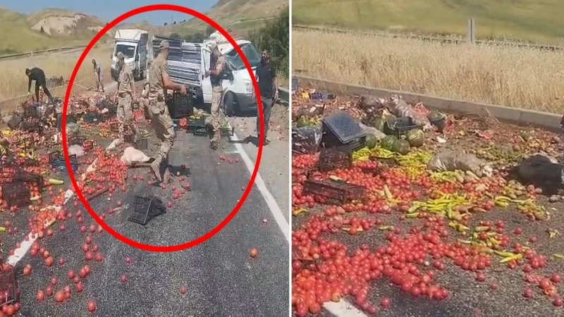 Lastik patladı, tonlarca meyve sebze yola saçıldı