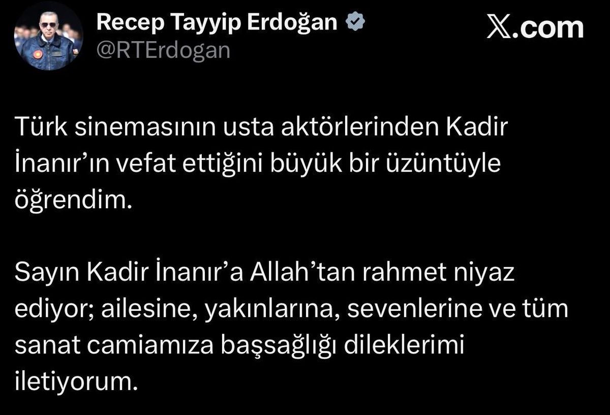 Erdoğan'dan Kadir İnanır İçin Taziye Mesajı