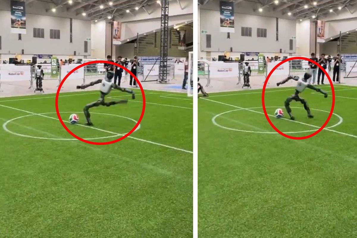 Şut çekmek isteyen robot kendisini sakatladı