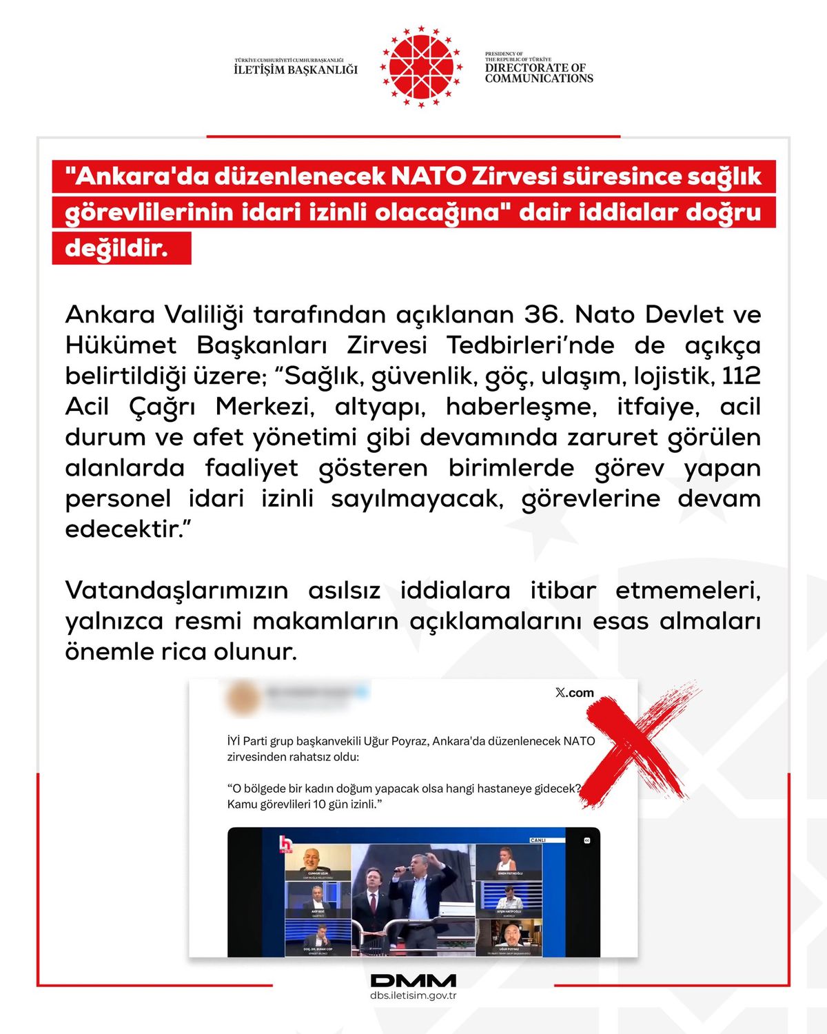 DMM: 'Ankara'da NATO Zirvesi süresince sağlık görevlilerinin idari izinli olacağına' dair iddialar doğru değildir