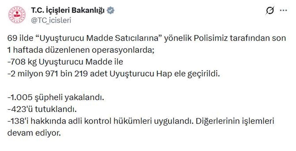 69 ilde uyuşturucu operasyonu: 423 tutuklama