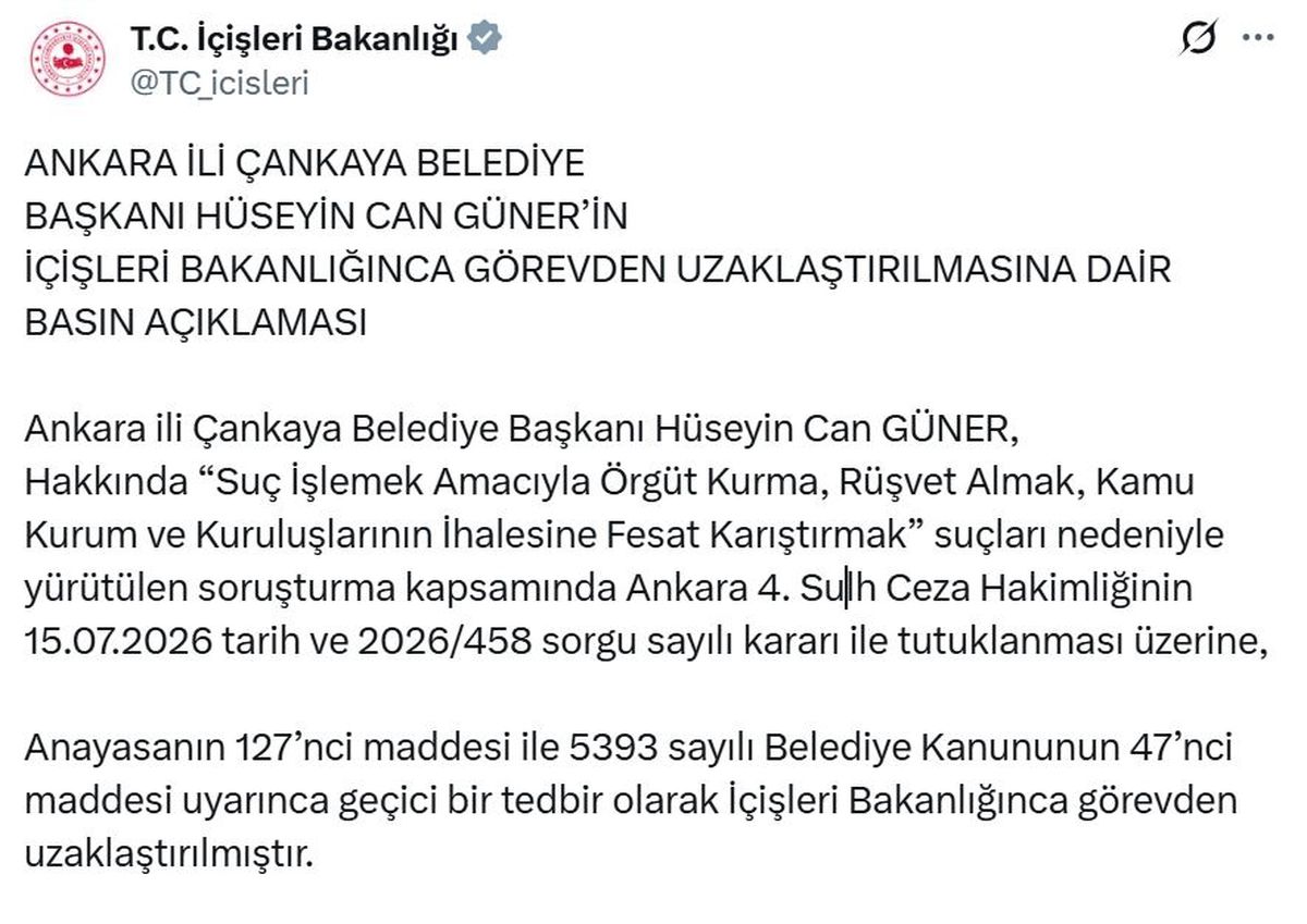Çankaya Belediye Başkanı Güner, görevden uzaklaştırıldı