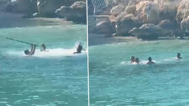 Mersin'de deniz ortasında sopalı kavga: O anlar kamerada