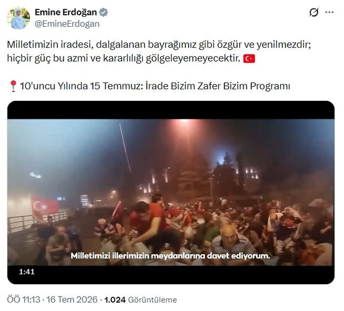 Emine Erdoğan'dan '10'uncu Yılında 15 Temmuz: İrade Bizim Zafer Bizim Programı' paylaşımı