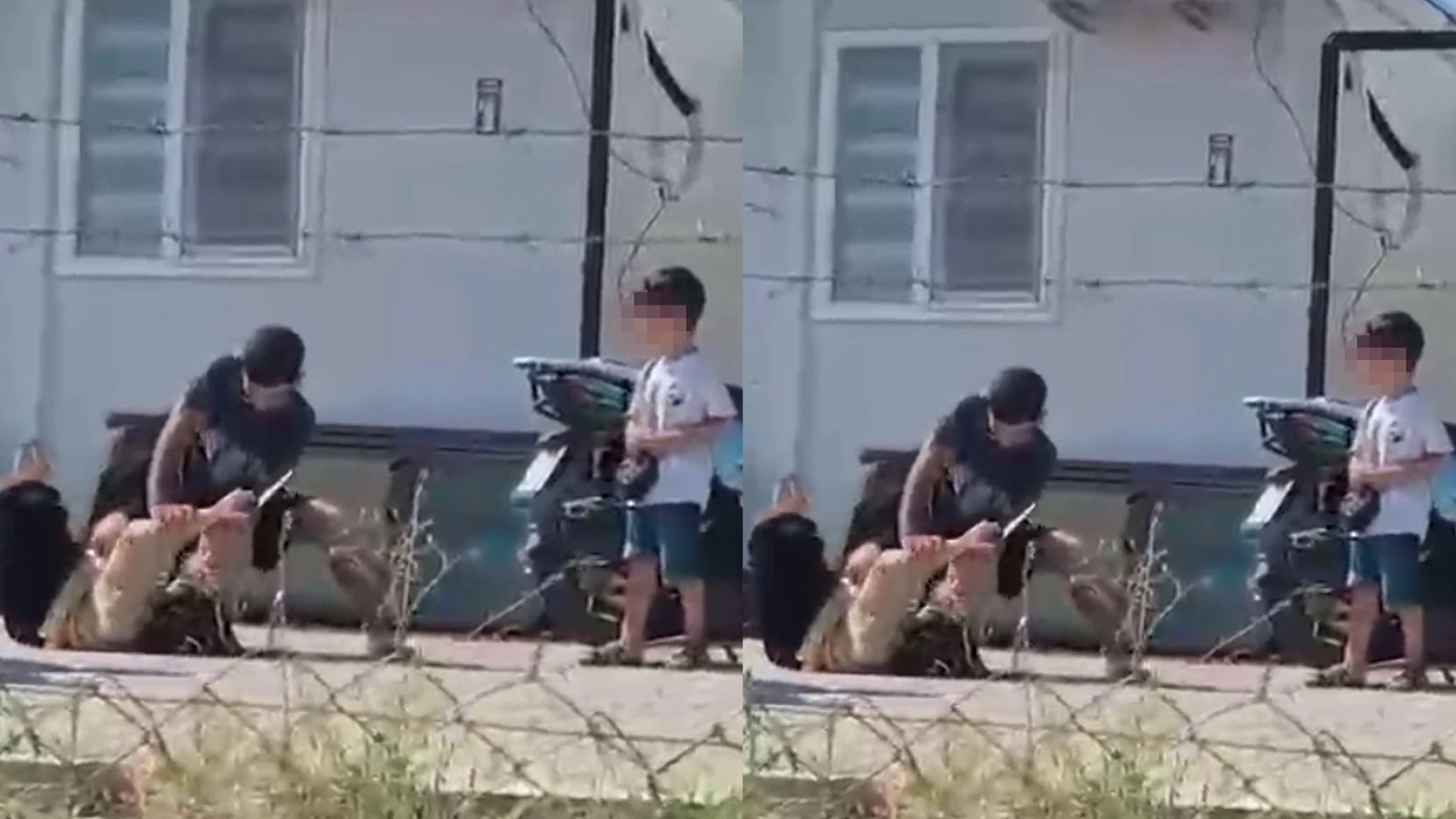 Elinde bıçakla yere yatırdığı eşini çocuklarının yanında darbetti