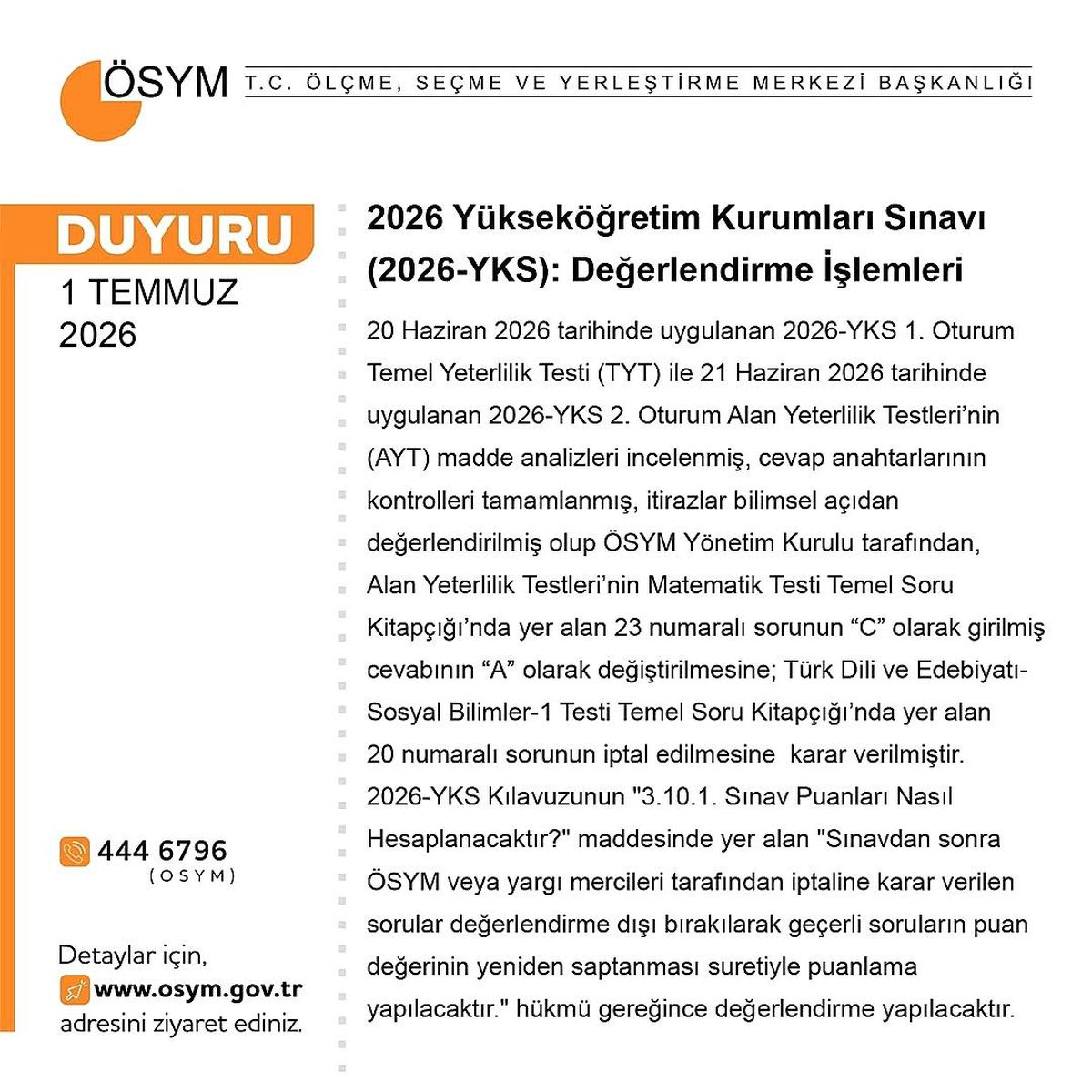 YKS değerlendirildi: 1 soru iptal, 1 sorunun şıkkı değişti
