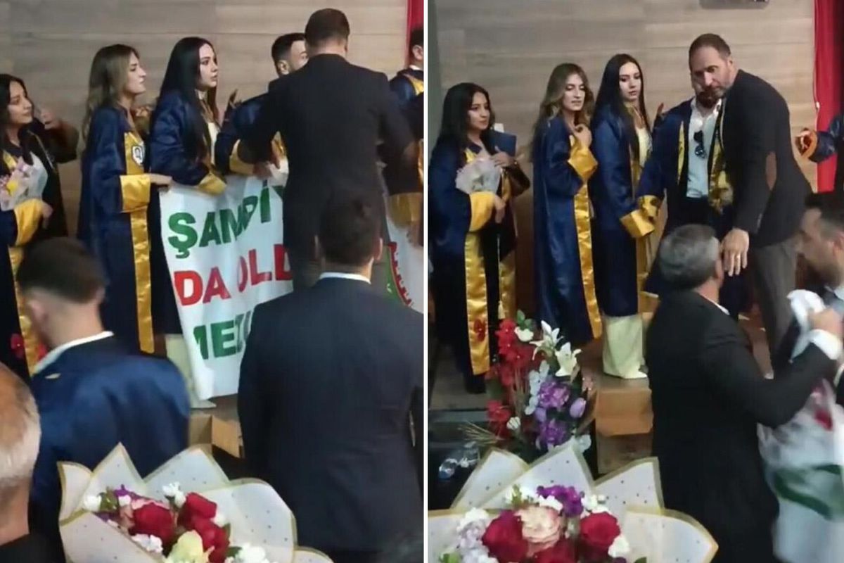 Mezuniyet töreninde kriz çıkartan pankart! Zorla ellerinden aldılar