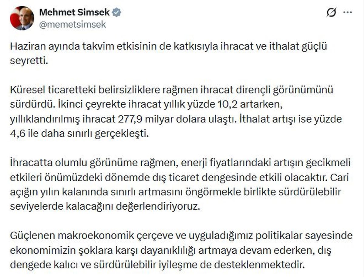 Bakan Şimşek: Cari açığın sürdürülebilir seviyelerde kalacağını değerlendiriyoruz